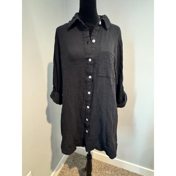 Unknown Dresses & Skirts - Cotton Gauze Shirt Dress Sz M Black Button Front Collared Long Sleeve Lagenlook